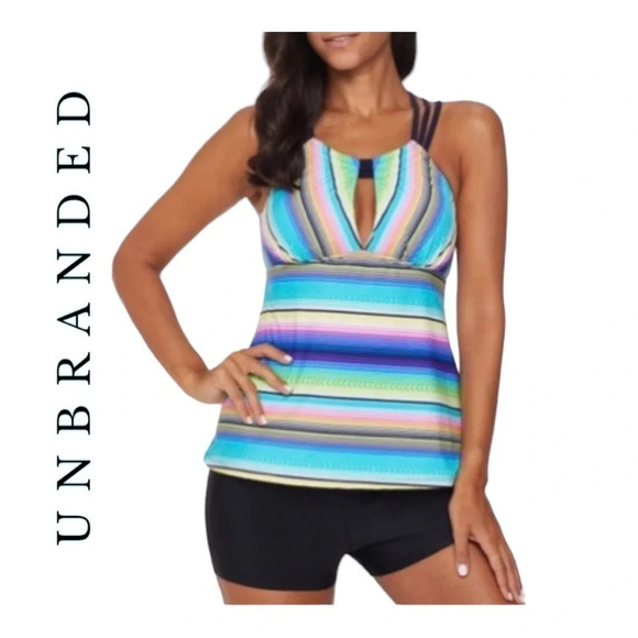 UNBRANDED‎ TANKINI TOP STRIPES PATTERN MULTICOLORED SIZE LARGE CRISS CROSS BACK - Picture 1 of 9
